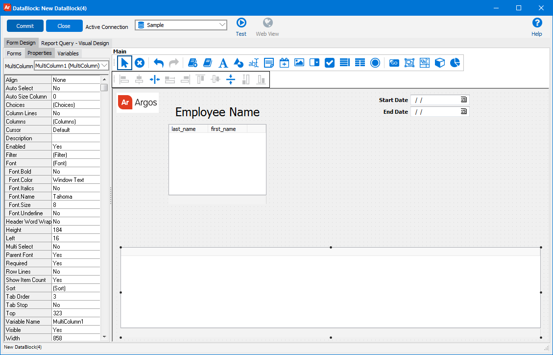 Datablock designer with new multi column listbox added at the bottom.